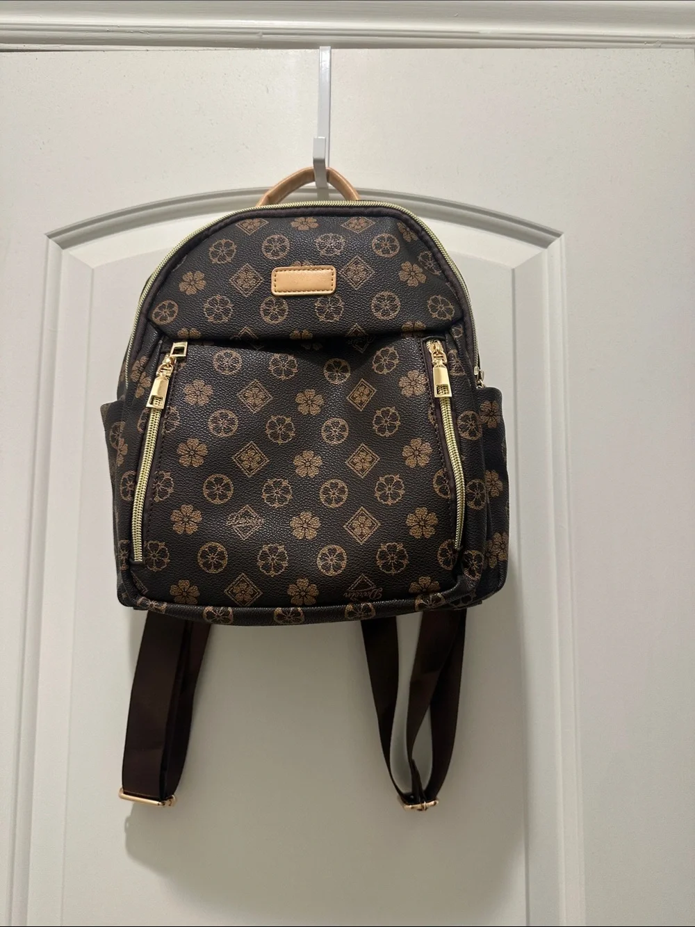 Women's Brown Patterned Mini Backpack with Gold Zippers